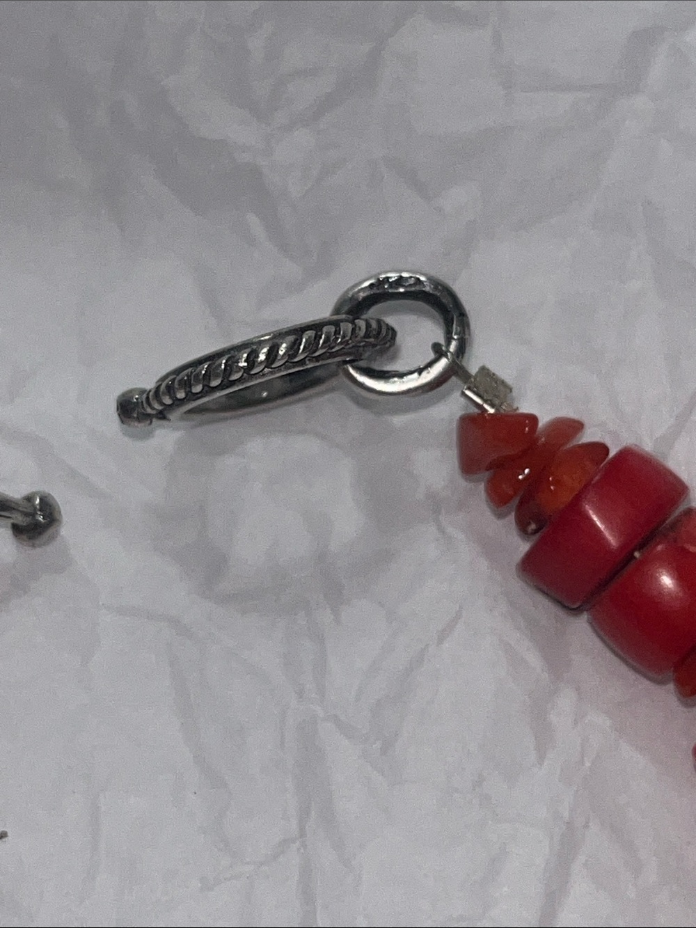.925 Red Bamboo coral Bracelet with Silver and cinnabar Accent Beads - Picture 2 of 7